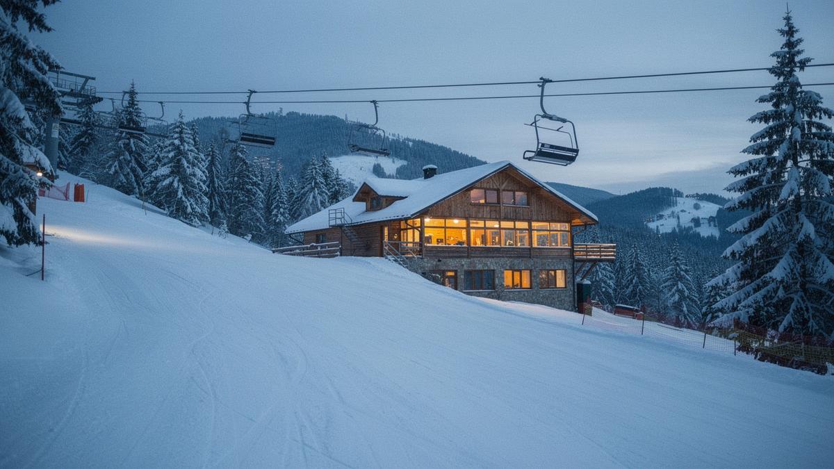 Snow-covered piste and timber lodge at a Carpathian ski resort in the evening